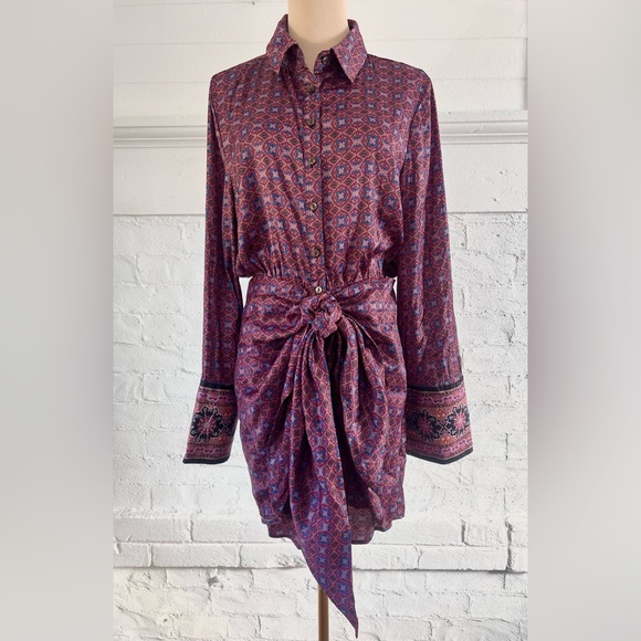 Free People Rillo Dress in Blackberry Tapestry Tie Front Mini Shirt Dress Boho - Picture 1 of 16